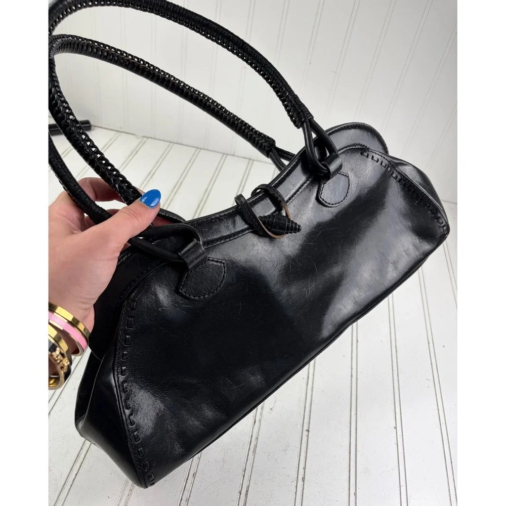 Maxx New York Vintage Boho Y2K Black Leather Braided Handle Shoulder Bag